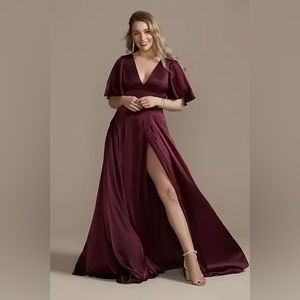 David’s Bridal charmeuse flutter-sleeve a-line bridesmaid in wine
